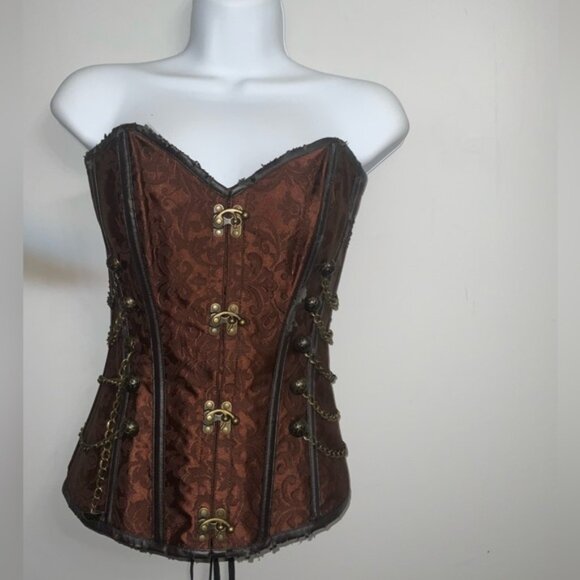 Mahogany Damask Steampunk Over-Bust Corset Top w/ Gold Accents Sz S/M - Picture 8 of 16
